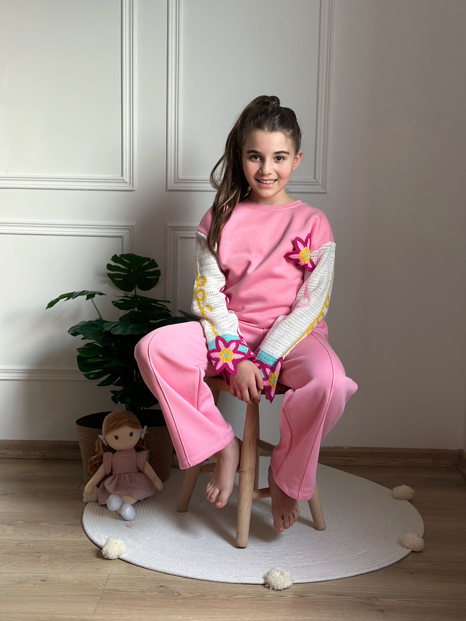 Pembe Örgü Kol Detaylı Eşofman Takımı