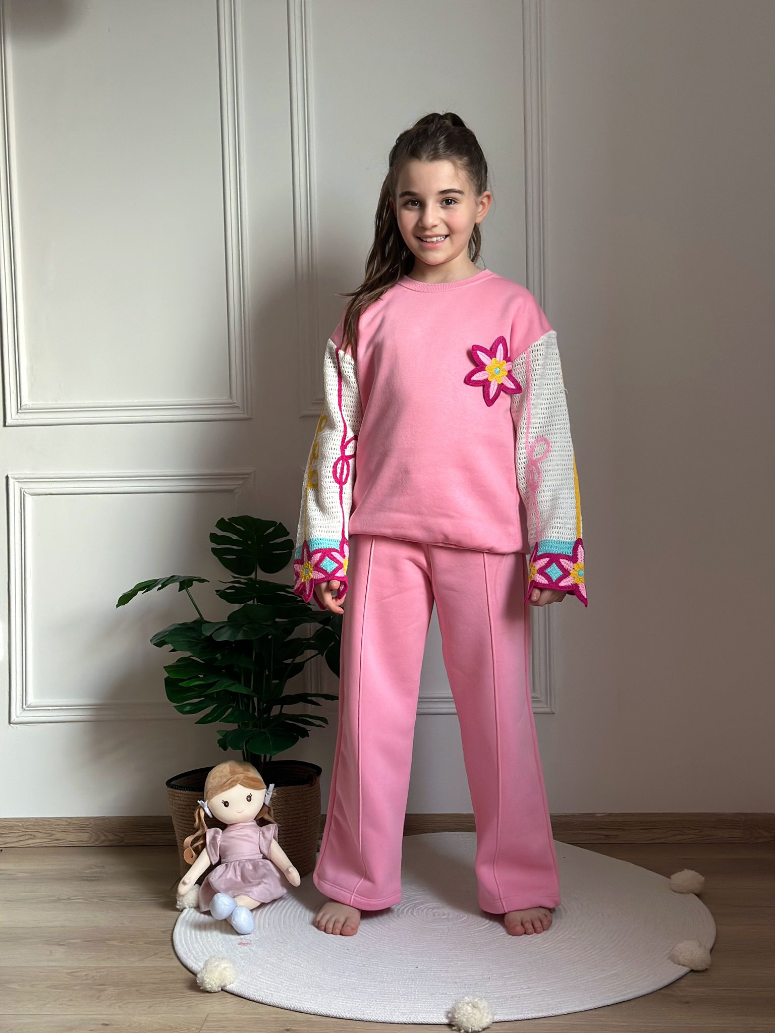 Pembe Örgü Kol Detaylı Eşofman Takımı