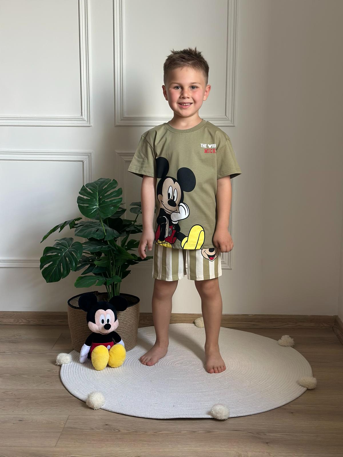 Çizgili Mickey Figürlü Şortlu Takım