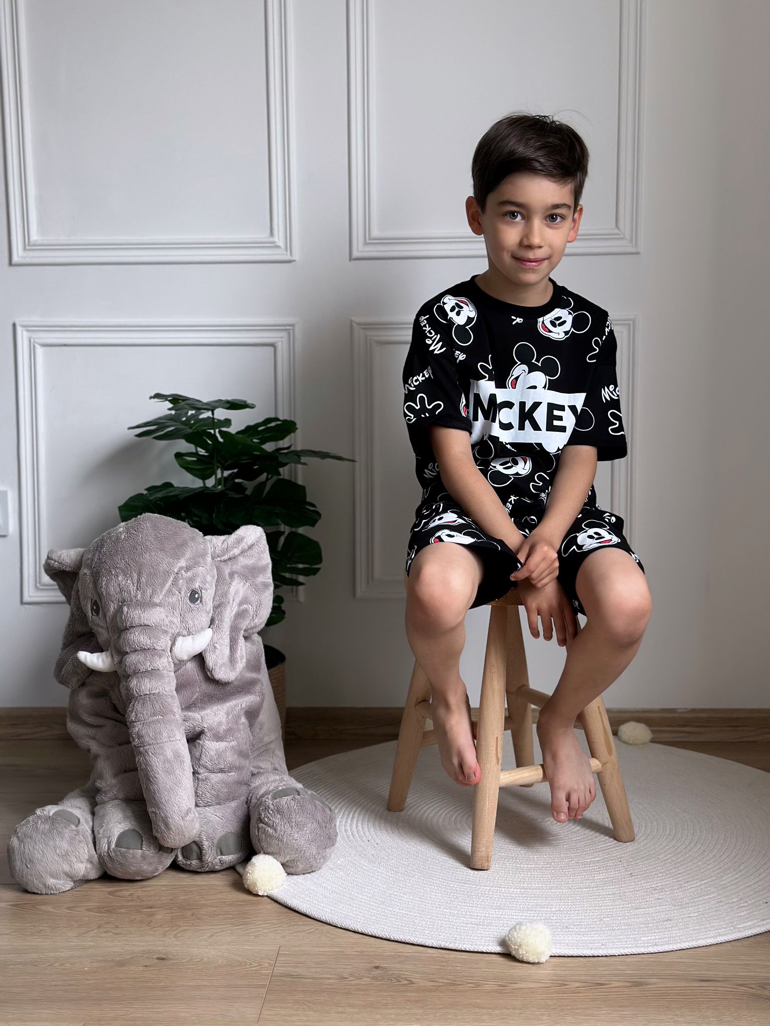 Siyah Beyaz Mickey Mouse Baskılı Şortlu Takım