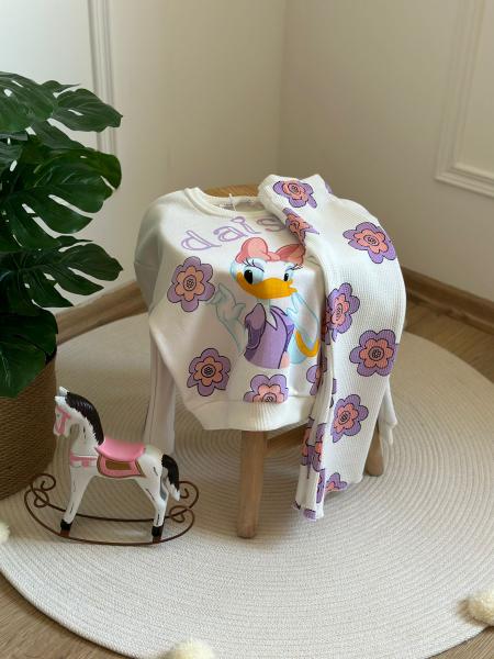 Beyaz Daisy Duck Çiçek Baskılı Fitilli Eşofman Takımı