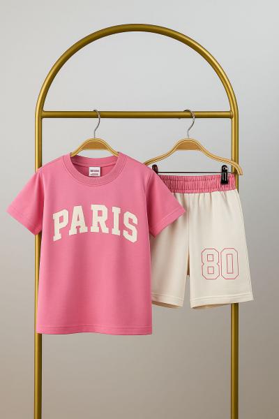 Pembe Paris Baskılı Şortlu Takım