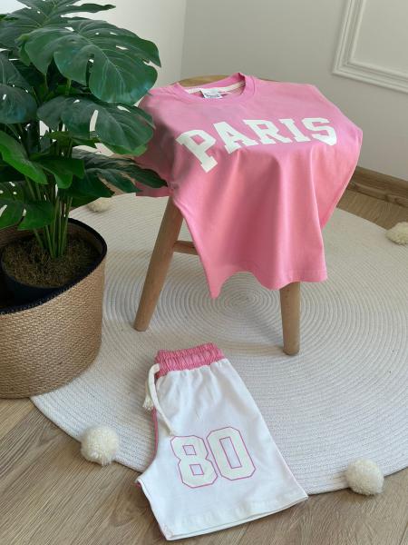 Pembe Paris Baskılı Şortlu Takım