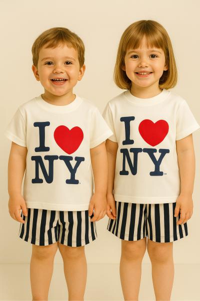 Beyaz Üzeri Love NY Çizgili Şortlu Takım