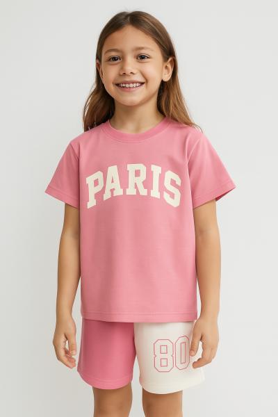 Pembe Paris Baskılı Şortlu Takım
