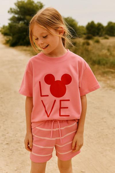 Pembe Love Mickey Çizgili Şortlu Takım