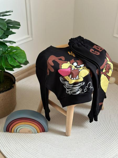 Siyah Looney Tunes Tazmanya Sırt Baskılı Eşofman Takımı