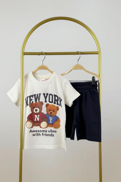 Lacivert New York Baskılı Teddy Şortlu Takım