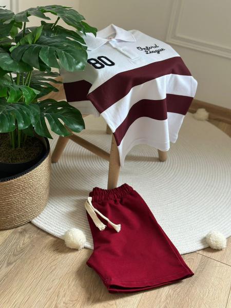 Bordo Çizgili Polo Yaka Şortlu Takım