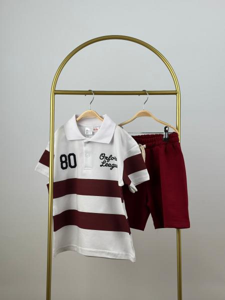 Bordo Çizgili Polo Yaka Şortlu Takım