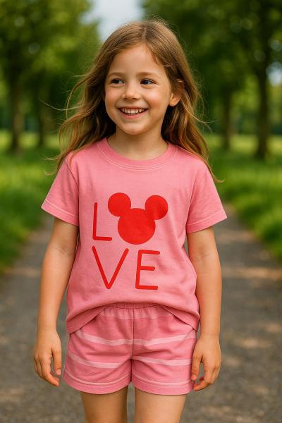 Pembe Love Mickey Çizgili Şortlu Takım