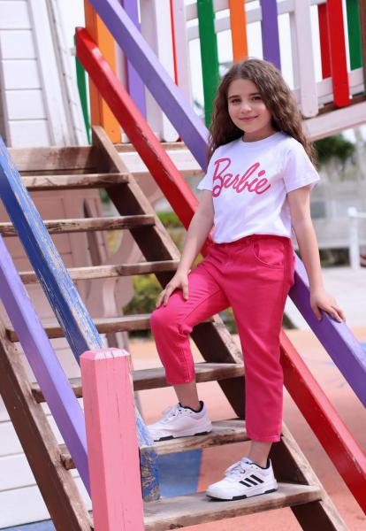 Beyaz Barbie Pembe Baskılı Kız Çocuk T-shirt