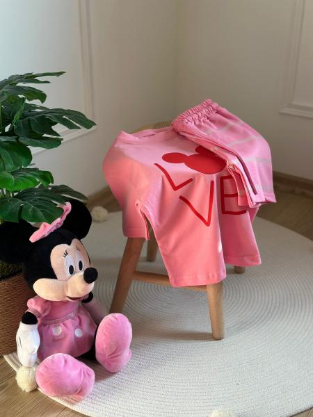 Pembe Love Mickey Çizgili Şortlu Takım