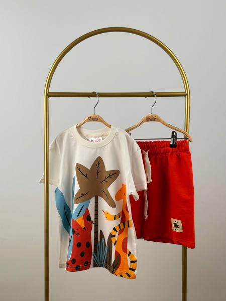 Animal Print Kırmızı Şortlu Takım