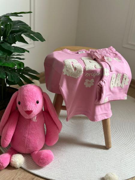 Pembe Çiçekli Punch İşlemeli Gap Şortlu Takım