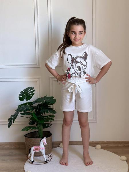 Beyaz Bambi Baskılı Şortlu Takım