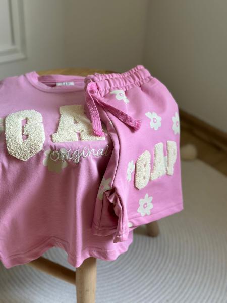 Pembe Gap Çiçek Punch İşlemeli Şortlu Takım