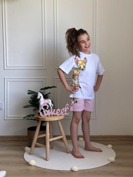 Pembe Bambi Baskılı Şortlu Takım