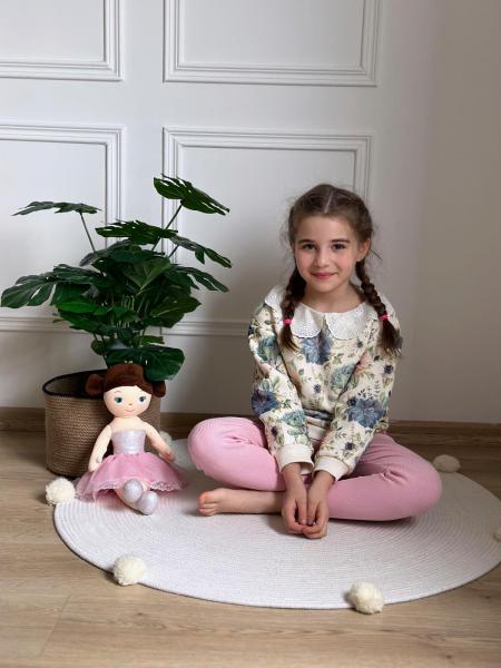 Çiçek Baskılı Dantel Yaka Detaylı Pembe Takım