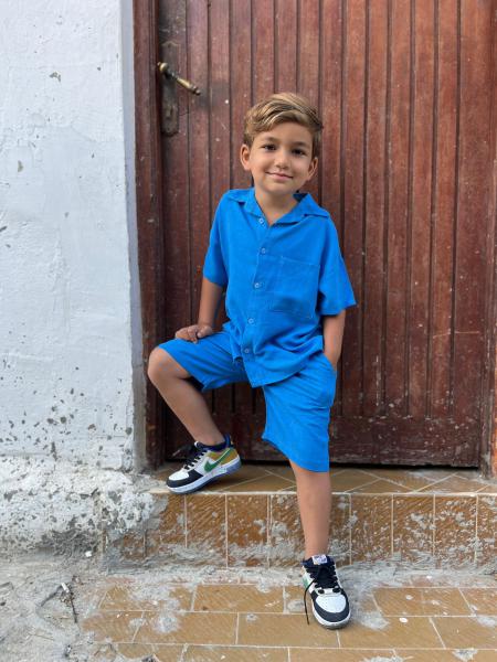 Mavi Keten Şortlu Takim