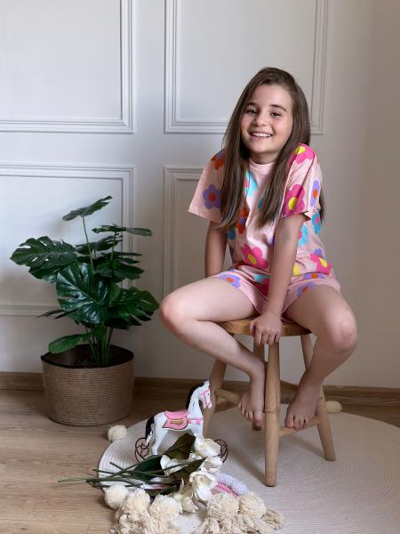 Pembe Çiçekli Şortlu Takım