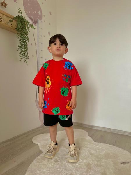 Kırmızı Minecraft Şortlu Takım