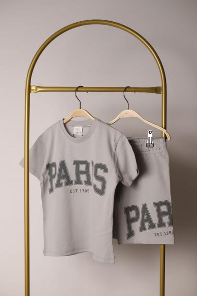 Gri Paris Baskılı Şortlu Takım