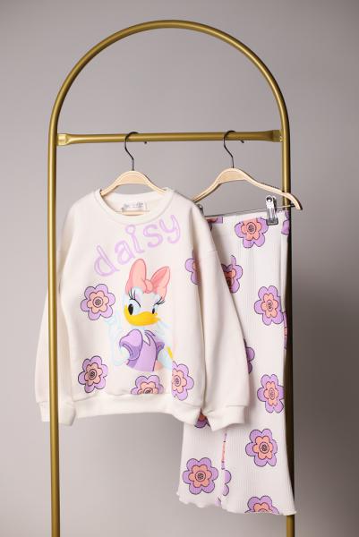 Beyaz Daisy Duck Çiçek Baskılı Fitilli Eşofman Takımı