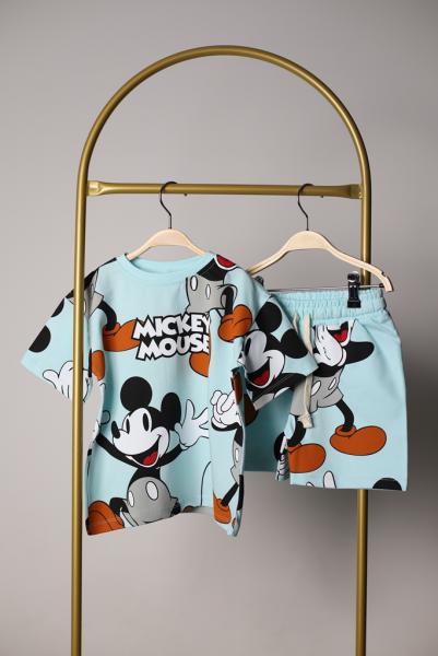 Açık Mavi Mickey Figür Baskılı Şortlu Takım