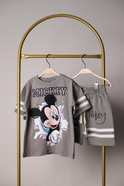Gri Beyaz Çizgili Mickey Şortlu Takım
