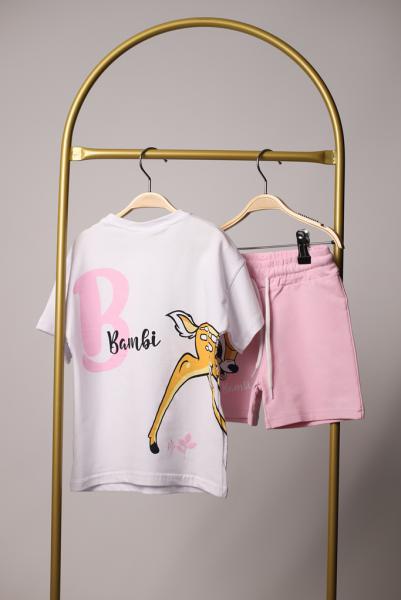 Pembe Bambi Baskılı Şortlu Takım