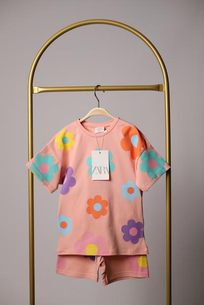 Koyu Pembe Çiçekli Şortlu Takım