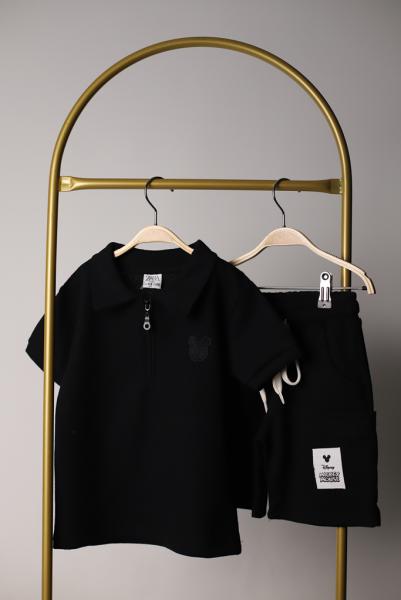 Siyah Polo Yaka Mickey Şortlu Takım