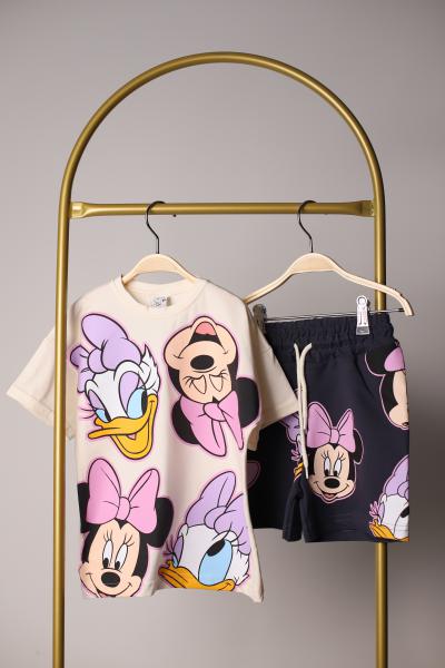 Daisy ve Minnie Baskılı Bej Şortlu Takım