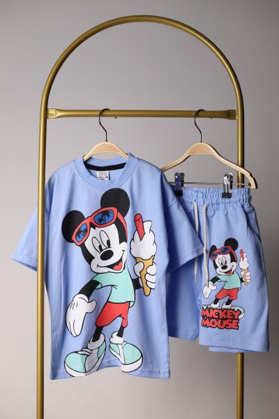 Mavi Dondurmalı Mickey Şortlu Takım