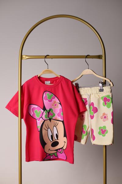 Pembe Çiçekli Minni Mouse Şortlu Takım