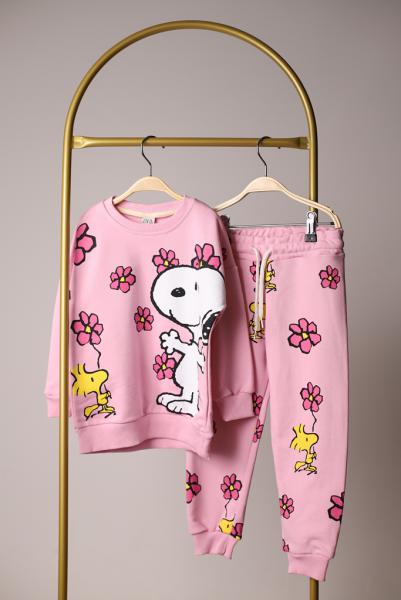 Pembe Sırt Baskılı Çiçekli Snoopy Eşofman Takımı