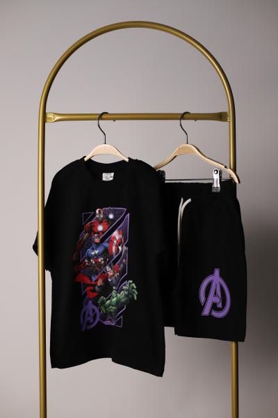 Siyah Marvel Baskılı Şortlu Takım