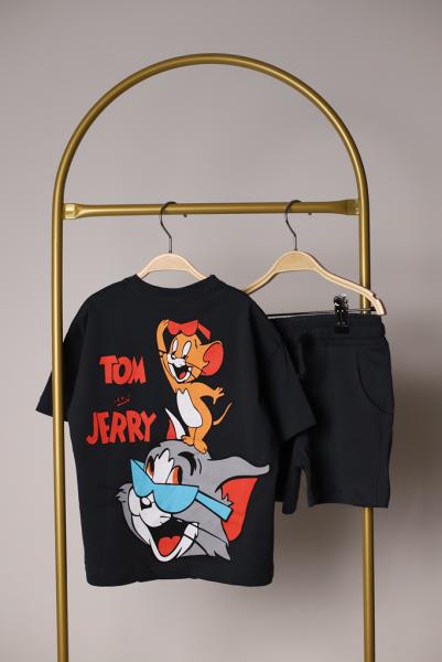 Siyah Tom Ve Jerry Sırt Baskılı Şortlu Takım