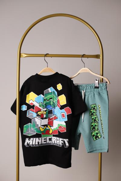 Siyah Yeşil Minecraft Şortlu Takım