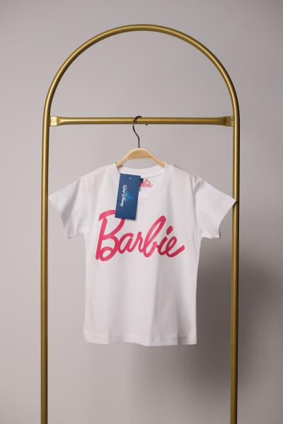 Beyaz Barbie Pembe Baskılı Kız Çocuk T-shirt
