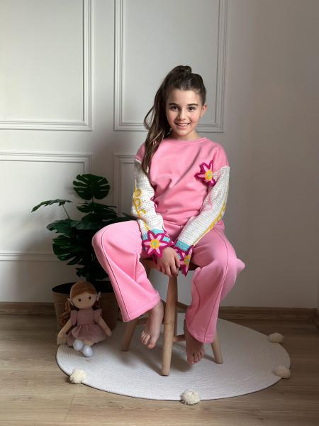 Pembe Örgü Kol Detaylı Eşofman Takımı