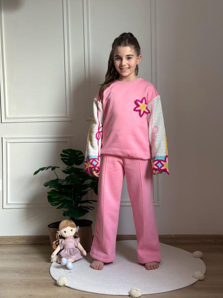 Pembe Örgü Kol Detaylı Eşofman Takımı