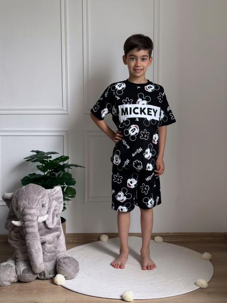 Siyah Beyaz Mickey Mouse Baskılı Şortlu Takım